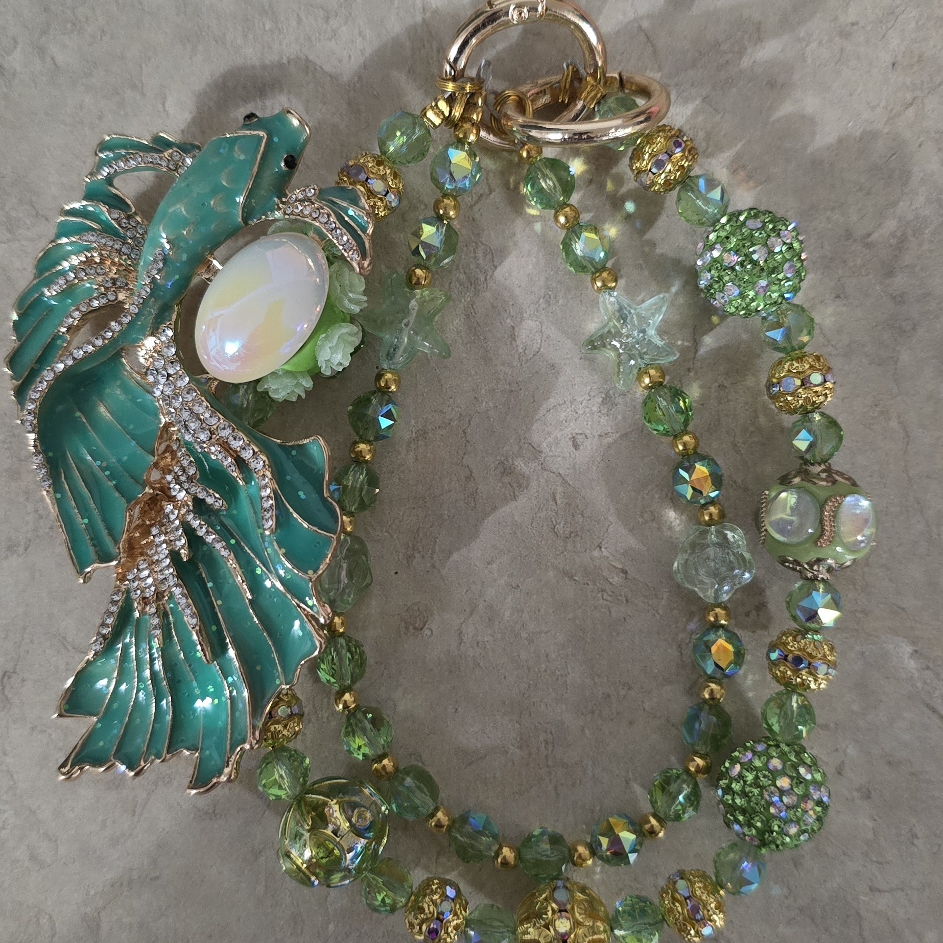 Elegant Green And Gold Fish Brooch With Beaded Bracelet
